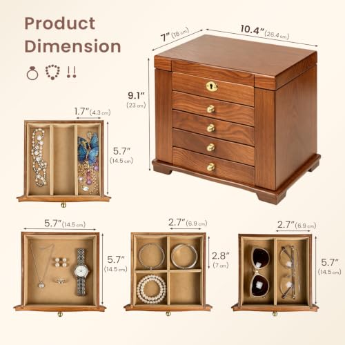 Wood Jewelry Box Organizer with Lockable Drawers & Mirror - 5 Compartments