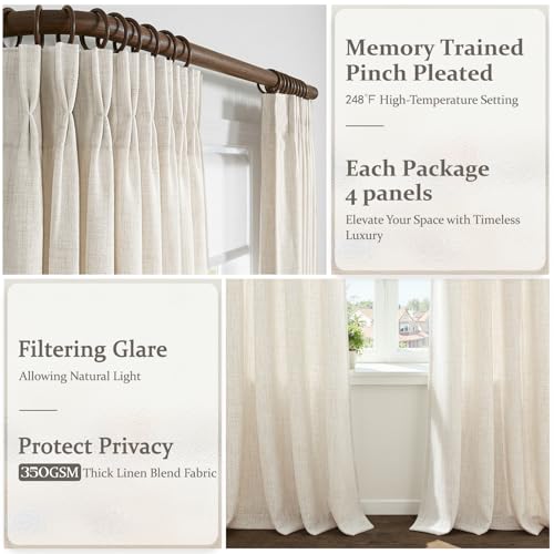 LuxuNap Birch 40W x 100L Linen Pleated Floor-to-Ceiling Curtains Set - 4 Panels