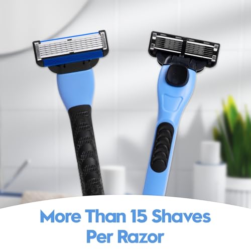 6-Blade Men's Razor with Dual Lubrication, Shaving Kit for Men, 10 Piece Set, 1 Handle & 9 Refill Cartridges, Smooth Comfortable Shave (Blue)