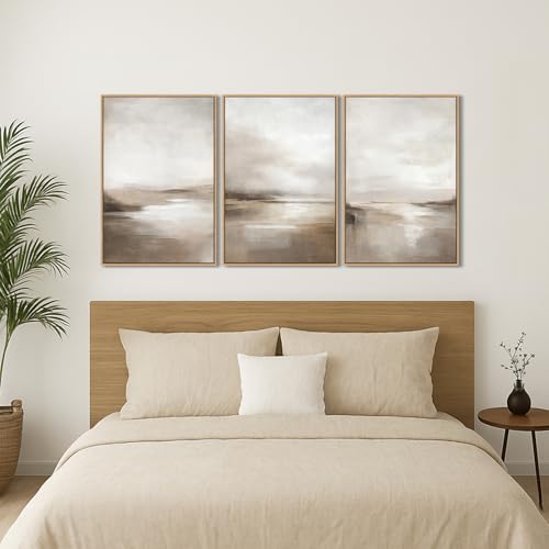 Neutral Abstract Landscape Wall Art Set - 3 Panels 16x24 Inches Framed