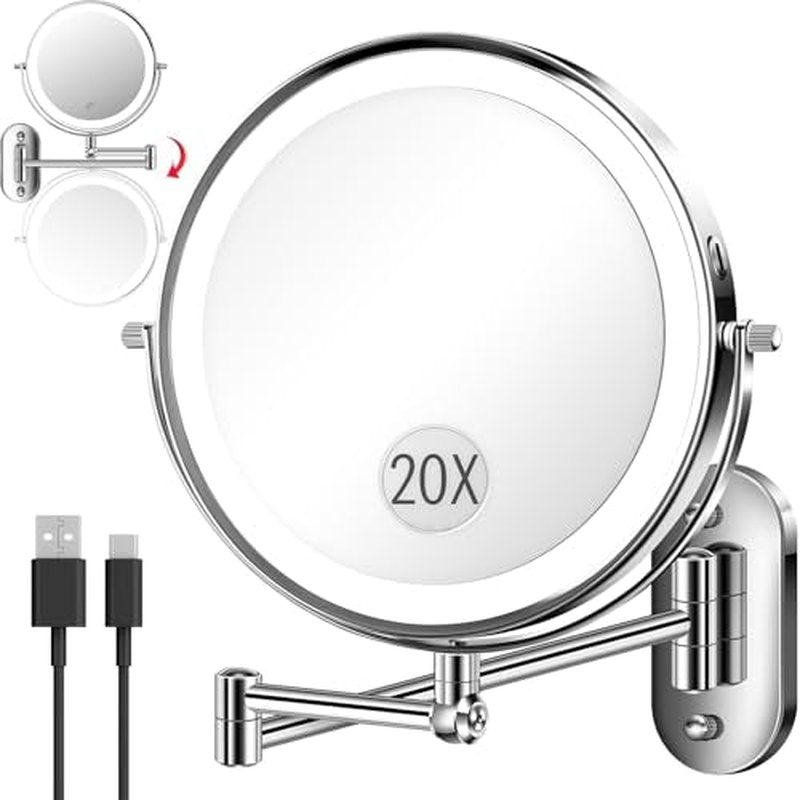 9" Wall Mounted Makeup Mirror with Light, 20X/1X Height Adjustable Double Sided Magnifying Bathroom Lighted Mirror, 3 Color Touch Dimmable Extended Arm 360 Rotation Light up Magnification Mirrors