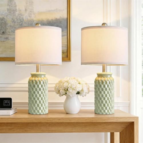 20.5-Inch Green Ceramic Bedside Lamps Set of 2 with Linen Shades