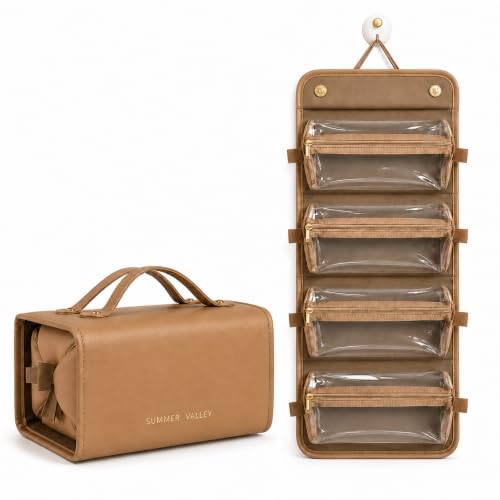 YDR Roll Up Makeup Bag for Women - 4 Detachable Clear Pouches, Hanging Travel Organizer - Brown