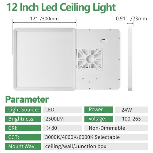 FY Wisdom 12-Inch LED Flush Mount Ceiling Light 6PK, 24W, 2520LM, 3-CCT White