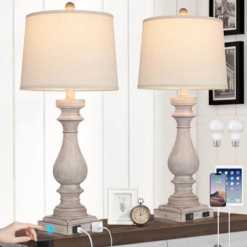 Gray 29-Inch Tall Table Lamp Set of 2 with USB-C & Outlets - Dimmable Touch Control Bedside Lamps