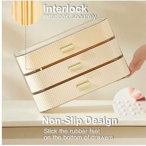 Makeup Organizer for Vanity, Stackable Cosmetics Organizer with Drawers, Countertop Storage for Makeup Palettes, Skincare, Beauty Supplies, Great for Vanity, Bathroom, Cabinet, Dresser Desk. Cream