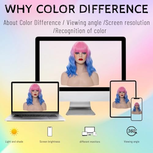 Pink Ombre Blue Short Wavy Curly Wig 14 Inch Cosplay Halloween Party Hair - Variation of Pink Ombre Blue