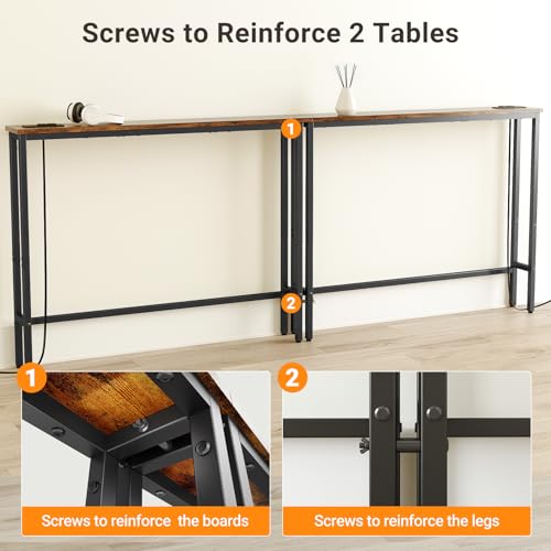 Rustic Brown Narrow Console Table with Outlets - 78.8 Inch Sofa Behind Couch