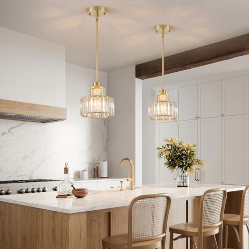 Gold Clear Pendant Lights 2 Pack - Adjustable Brass Modern Kitchen Island Fixtures