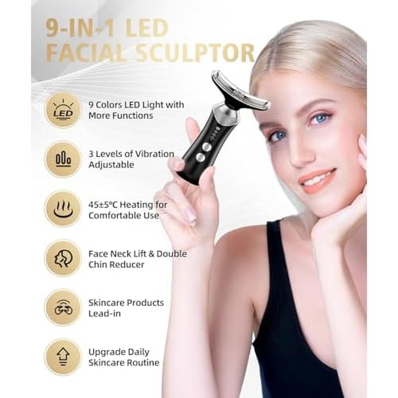 9-in-1 Red-Light-Therapy-for-Face-and-Neck, Portable Facial Massager Tool with Adjustable Vibration & Thermals for Wrinkles, Double Chin, Black