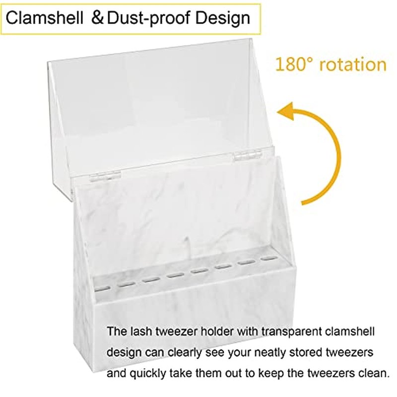 8 Holes Dust-proof Eyelash Tweezers Holder Case Acrylic Marble Tweezer Stand Display Organizer with Cover for Lash Extensions (white)