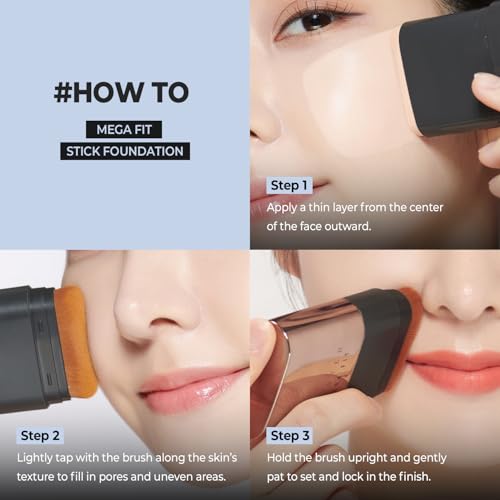 Mega Fit Master Glow Stick Foundation with Brush, 120H Long Lasting Radiant Coverage, All-in-One Stick for Easy Application, K-Beauty, Shade 23, 0.56oz (02 Sand Beige)