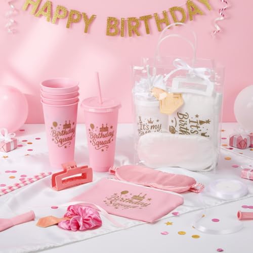 6 Sets Birthday Squad Party Favors for Women Birthday Squad Cups Tumblers with Lids Straws Makeup Bags Satin Eye Masks Hair Clips Hair Scrunchies for Spa Sleepover Accessories(Pink White)