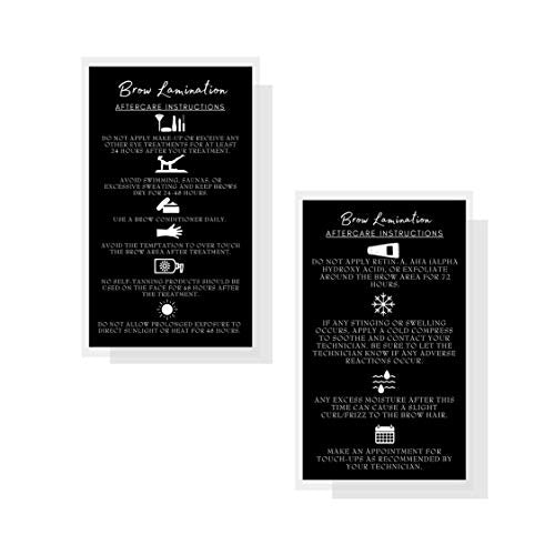 Brow Lamination Aftercare Instruction Cards | 50 Pack | 2x3.5¡± inches Business Card Size | Starter Lift Kit At Home DIY Brow Lift and Tint | Snatched Brows Black with White Icons Design