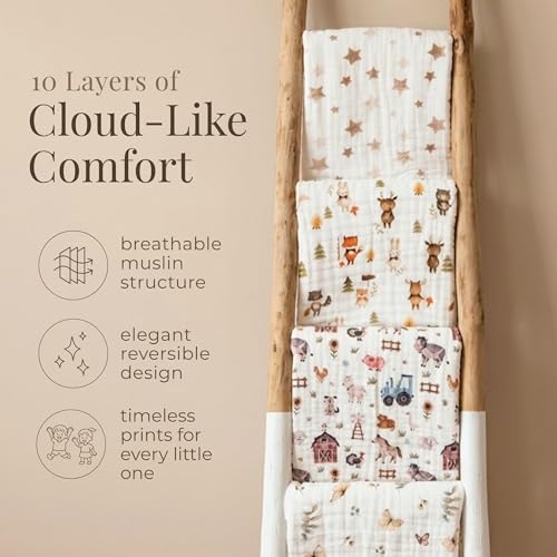 Organic Cotton Muslin Baby Blanket Farm Variation - Soft Swaddle & Toddler Quilt
