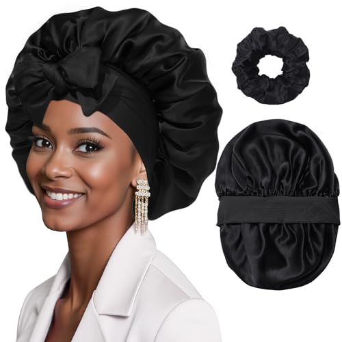 AWAYTR 2-Pack Black Mulberry Silk Sleep Bonnet for Curly Hair Women Reversible Sleep Cap