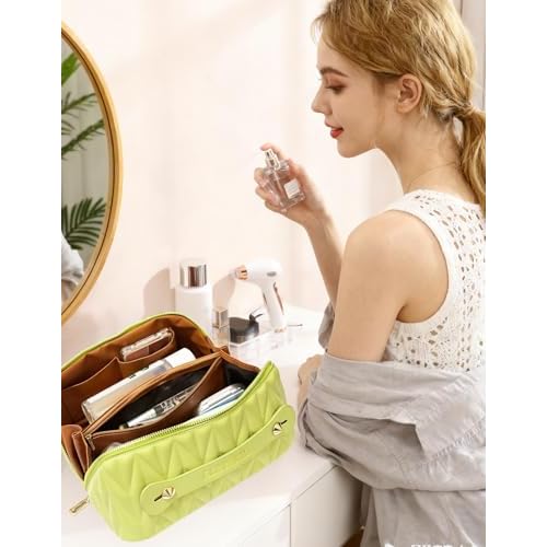 Travel Makeup Bag for Women, Large Capacity Cosmetic Bags for Girls, Compact Pouch Make up Organizer, Waterproof Toiletry Bag with Divider and Handle (Green)