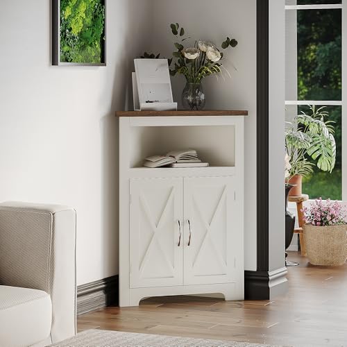 Corner Storage Cabinet with Barn Door Design - Soft White & Brown