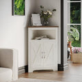 Corner Storage Cabinet with Barn Door Design - Soft White & Brown
