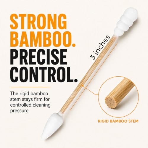 6 Pack Bamboo Cotton Swabs - Dual-Tip Spiral & Fine Point, Extra Strong, Lint-Free 1200ct