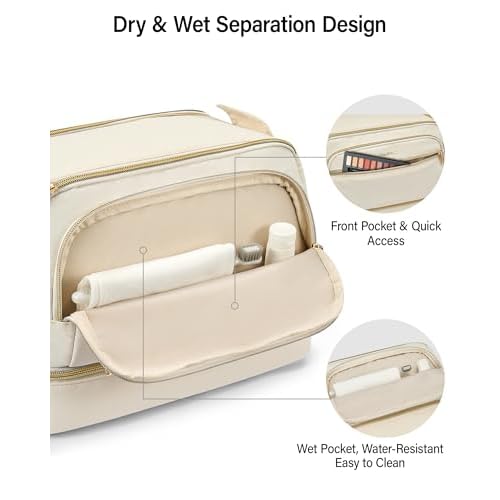 Hanke Travel Toiletry Bag, Lightweight Wide-open Makeup Bag, Dual-Layer Travel Bag for Toiletries Water-Resistant Cosmetic Bags Large Toiletry Bags for Women & Men, Travel Essentials, Off White