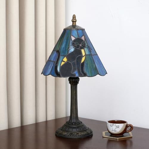 8-Inch Black Cat Tiffany Table Lamp - Stained Glass Bedside Lamp for Bedroom Living Room
