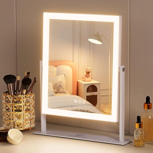 FENCHILIN Vanity Mirror with Lights 11.8" x 9.8",Lighted Makeup Mirror and Hollywood Mirror with Smart Touch Control 3 Colors Dimmable LED Light, 360¡ÆRotation 10X Magnification(White)