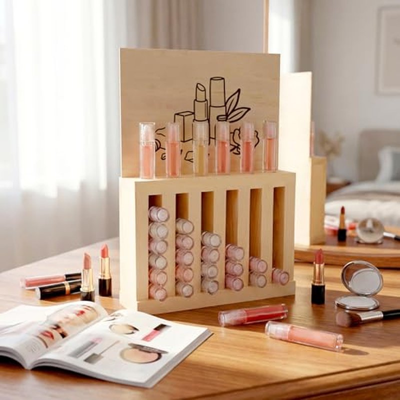 6 Slot Wooden Lipsticks Holder with DIY Wood Cardboard 0.7 Inch Lip Balm Tube Holder Lip Gloss Organizer Display Wood Lipsticks Tube Tower Organizer for Market Craft Booth Room Display