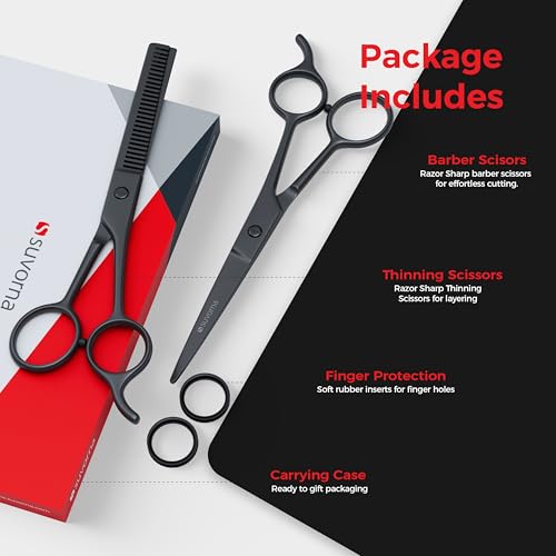 Suvorna 6.5-Inch Professional Hair Scissors Set with Thinning Shears - Black