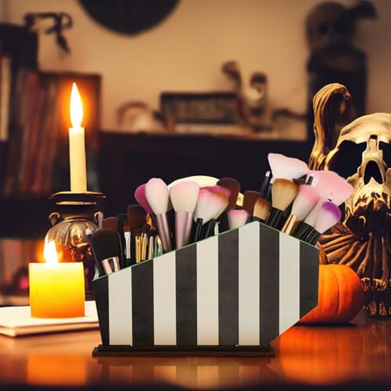 Coffin Makeup Brush Holder Black Striped Gothic Makeup Brush Holder Wooden Organizer Gifts for Women Cosmetic Display Cases Spooky Pencil Brushes Organizer Bathroom Accessories