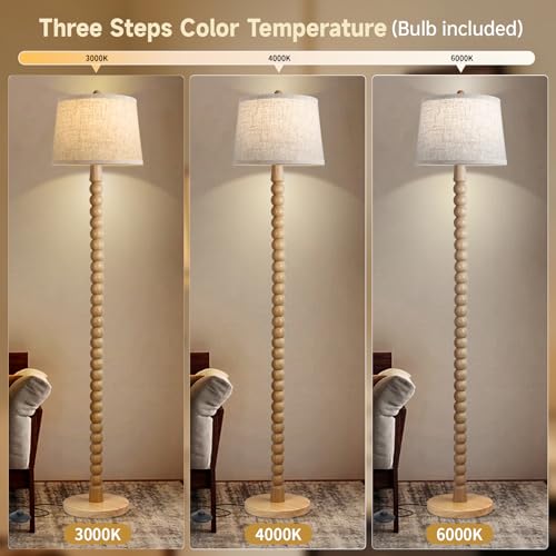 Wood Floor Lamp for Living Room - Tall Wooden Standing Lamp with 3-Color Bulb - Farmhouse Style - Variation: Wood