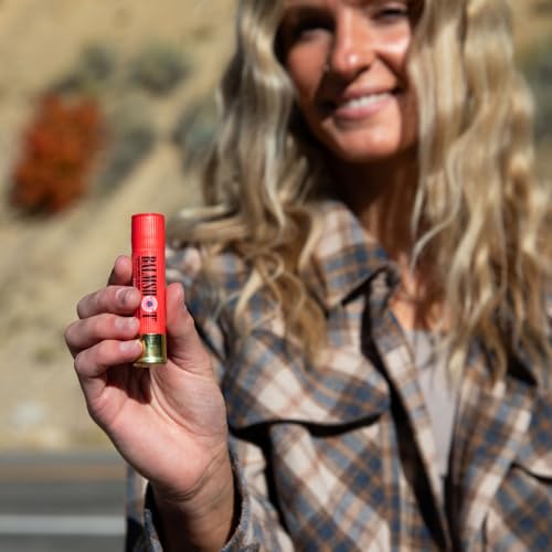 BALMSHOT Pomegranate Lip Balm SPF 15 ? Natural Beeswax Chapstick, Moisturizing Lip Protector for Very Dry Lips, 20-Gauge Brass Shotgun Shell Case, Outdoor Heat Tolerant, Made in USA