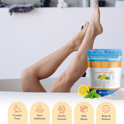 Detox Foot Soak Salts 32 Ounces with Lemon, Peppermint, Lavender Frankincense Essential Oils BPA Free Pouch with Easy Press-Lock Seal Soothe Athletes Foot, Soften Calluses, Relax Tired Feet