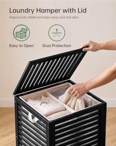 Double Laundry Hamper with Lid & Removable Liners - 120L Bamboo Laundry Basket, 2-Section Clothes Divider, Space Saving Design, Black