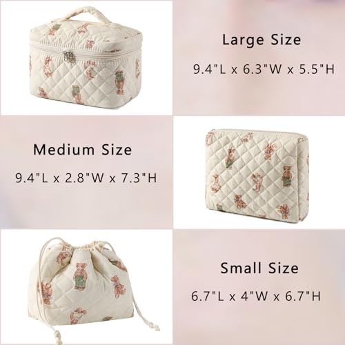 3Pcs Aesthetic Cotton Quilted Drawstring Makeup Bag Set, Aesthetic Cute Bow Makeup Pouch for Girls and Women, Aesthetic Travel Organized Cosmetic Bags for Purse(01Bear)