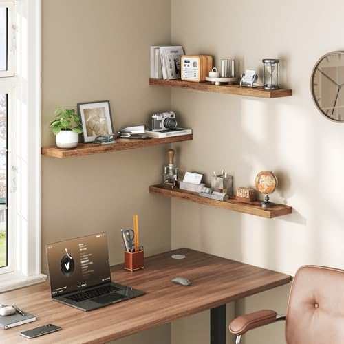 Rustic Brown Floating Wall Shelves Set of 3 - 31.5 Inch Thick Wall Storage with Invisible Brackets