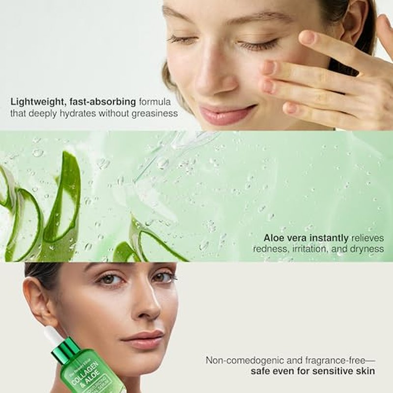 Aloe & Collagen Serum For Face - Dermatologist Tested, Anti-Aging, Ultra Hydrating Aloe Vera Gel For Face - Natural Ingredients, Clean Beauty, Cruelty-Free Korean Skin Care - 1.69 oz