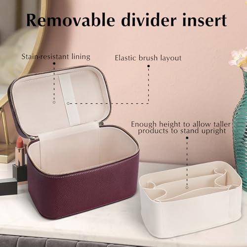 Makeup Case for Women, Leather Makeup Bag Cosmetic Case with Removable Divider, Large Capacity Waterproof Portable Travel Toiletry Make up Organizer Case
