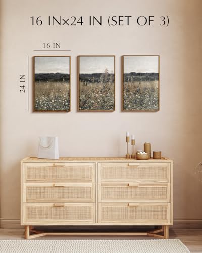 Vintage Landscape Wall Art Set - 3 Pieces 16x24 Inches with Variation Champ Fleuri