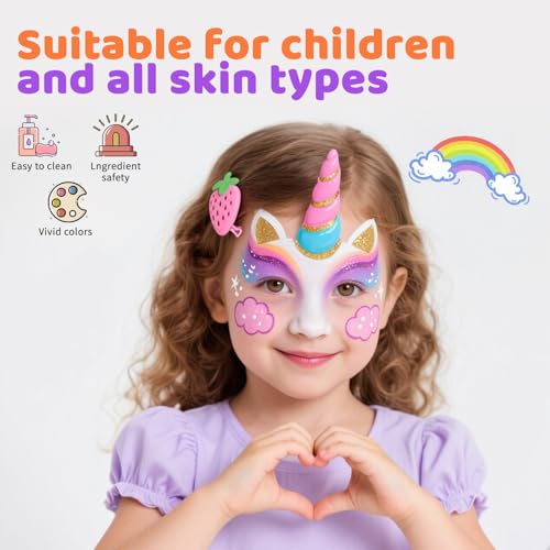 Professional Face Painting Kit, Water-Based Non-Toxic Makeup Set with Stencils, Gems, Brushes for Halloween, Carnival, Parties, School Events, Festivals (42 Colors)