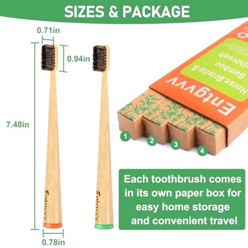 Horse Hair Toothbrush 4 Pack - Natural Bamboo Handle, Biodegradable & Plastic-Free - Variations of HORSE BRISTLE TOOTHBRUSH 4PACK