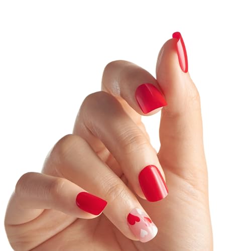 KISS imPRESS Valentine¡¯s Day Press On Nails, ¡®Full Heart¡¯, Red, Short Squoval, No Glue Needed, Up to 10-Day Superior Hold, Includes 30 Fake Nails, Prep Pad, Mini Nail File & Manicure Stick
