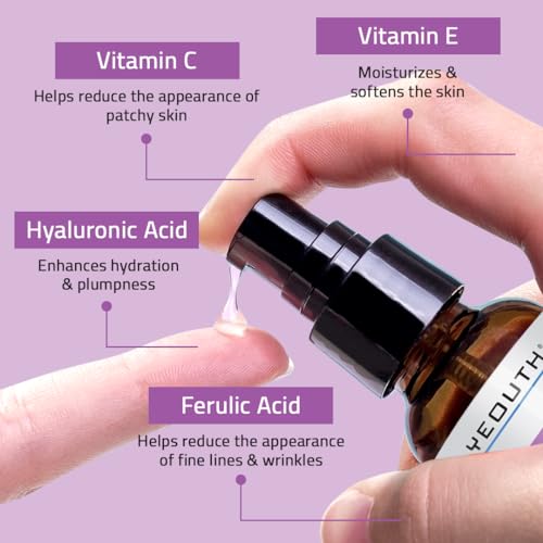 YEOUTH Anti Aging Serum for Face with Hyaluronic Acid, Ferulic Acid, Vitamin C and E, Hydrating Face Serum for Women and Men Targets Dull and Dry Skin 1oz (Pack of 2)