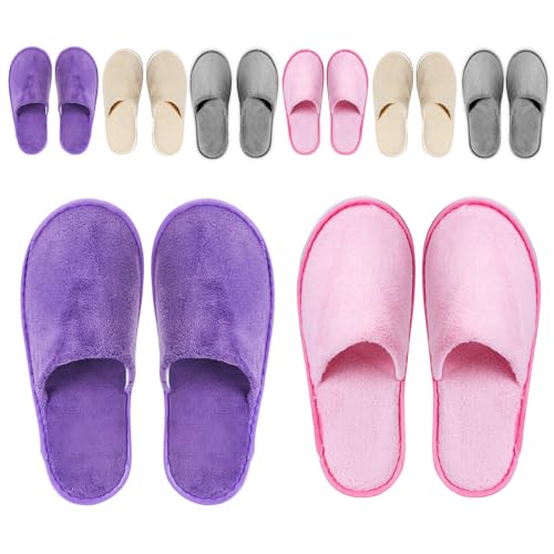 Disposable Guest Slippers 8 Pairs - Washable Hotel Spa Indoor House Shoes (Pink, Purple, Grey, Beige)