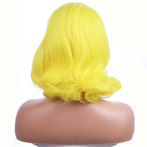 Yellow Short Curly Wavy Wig for Women Girls - Heat Resistant Synthetic Costume Cosplay
