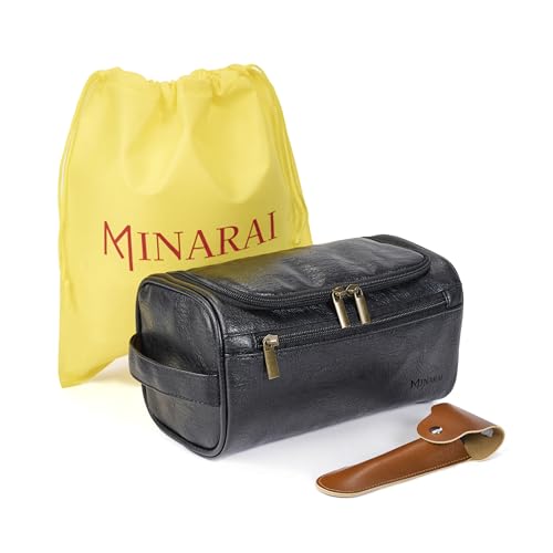 MINARAI- Mens Toiletry Bag with Razor Case?Soft PU Leather-Look Hygiene Bag for men with Wide-Open Access, Hanging Design, and Strong Structure ? Built for Travel, Gym, and Everyday Organization?BLACK