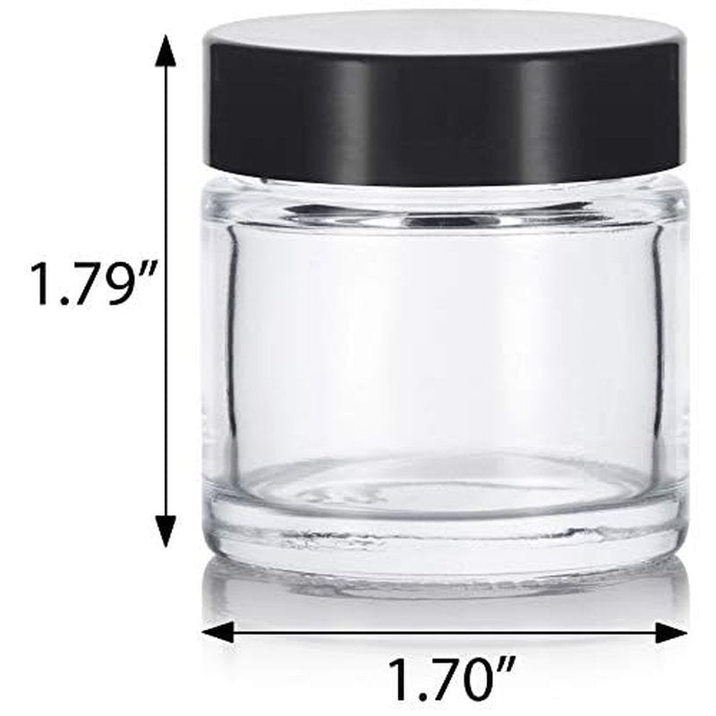 1 oz / 30 ml Clear Thick Wall Glass Straight Sided Jar with Black Smooth Lids (12 Pack) Airtight, Smell Proof