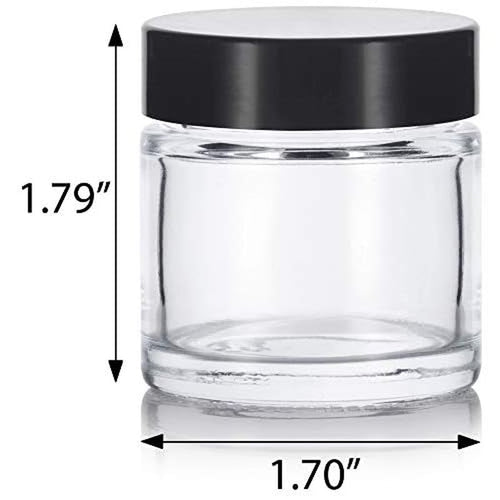 1 oz / 30 ml Clear Thick Wall Glass Straight Sided Jar with Black Smooth Lids (12 Pack) Airtight, Smell Proof