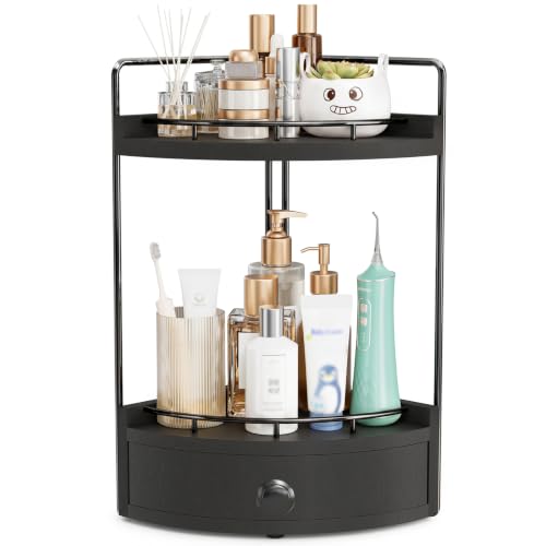 2-Tier Corner Bathroom Counter Organizer with Drawer - Black