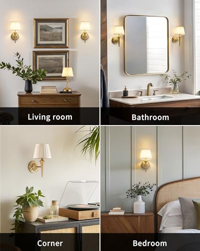 KDG Set of 2 Gold Wall Sconces with Beige Fabric Shades, Dimmable Touch-Control Lamps, Wireless Rechargeable LED Wall Lights